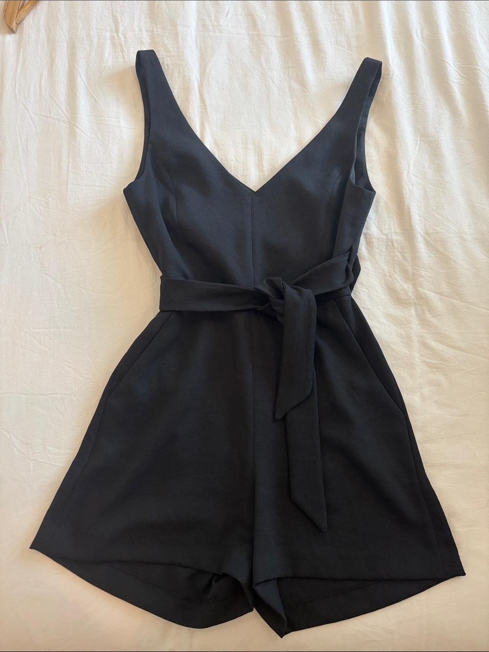 Wilfred Black V-Neck Sleeveless Romper with Waist Tie
